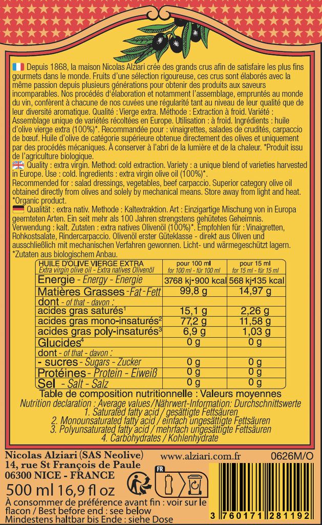 Bidon 1/2 L Huile d'olive cuvée Pauline Bio*