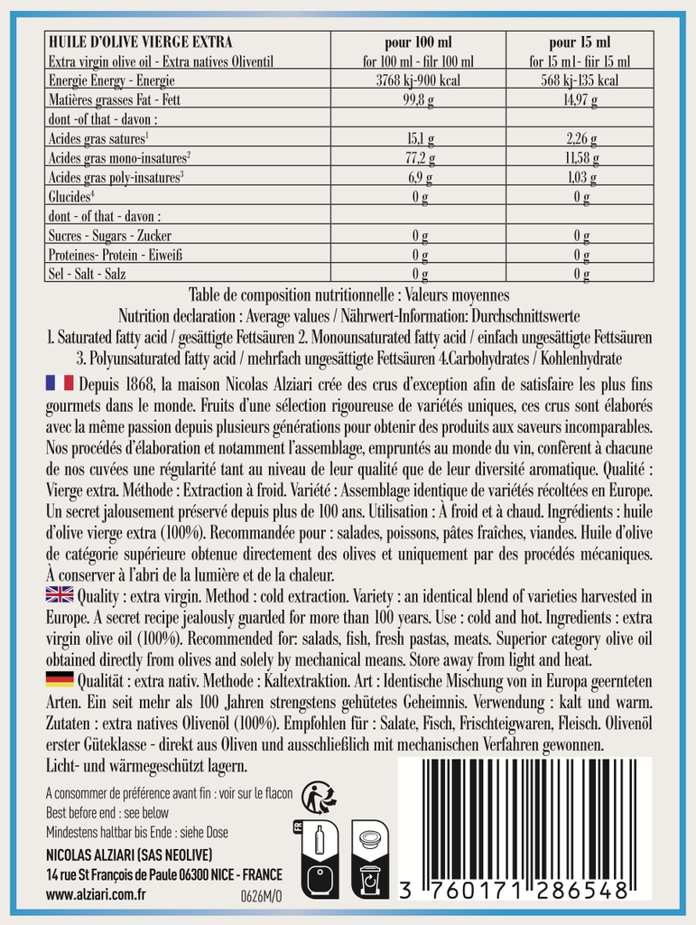 Huile Cuvée PRESTIGE flacon Barrique 375 ml - Alziari