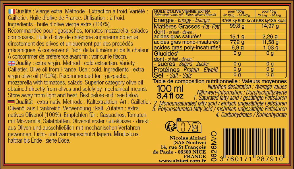 Bidon huile d'olive cuvée Cesar 100 ml - Alziari