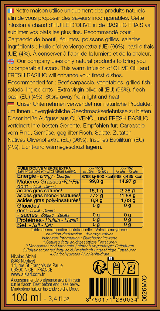 Huile BASILIC 100 ml flacon POMPE - Alziari