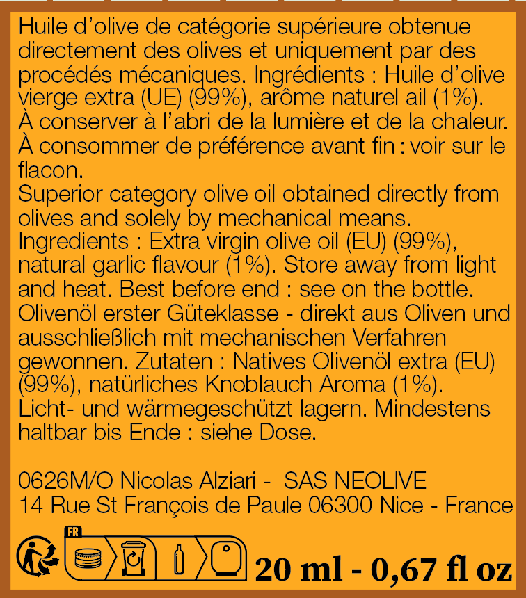 Mignonnette 20 ml en VERRE huile AIL - Alziari