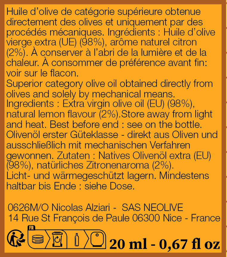 Mignonnette 20 ml en VERRE huile CITRON - Alziari