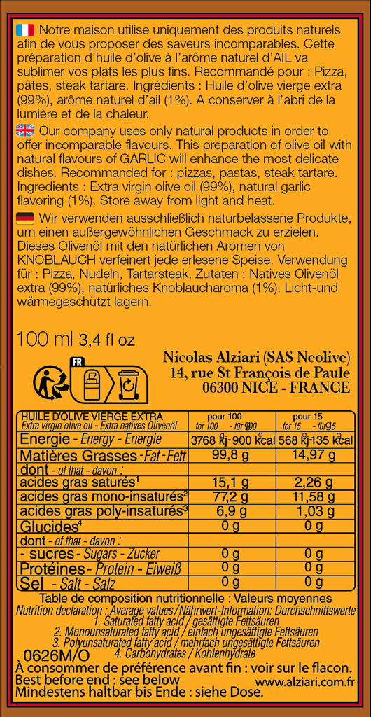 Huile aromatisée AIL 100 ML flacon POMPE - Alziari