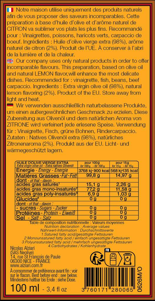 Huile aromatisee CITRON 100 ML Flacon pompe - Alziari