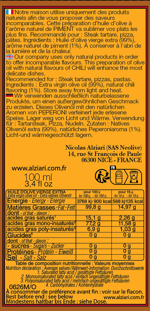 Huile aromatisee PIMENT 100 ML flacon POMPE - Alziari