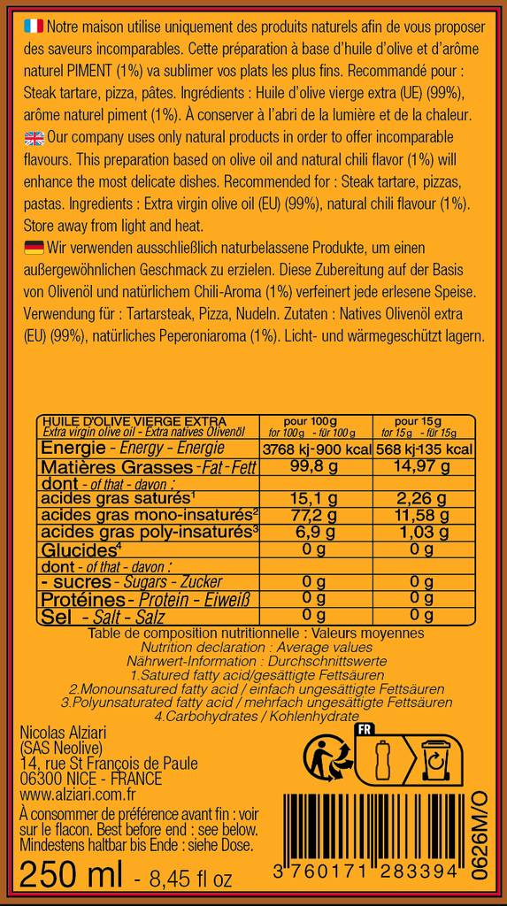 Huile d'olive aromatisee PIMENT 250 ML - Alziari