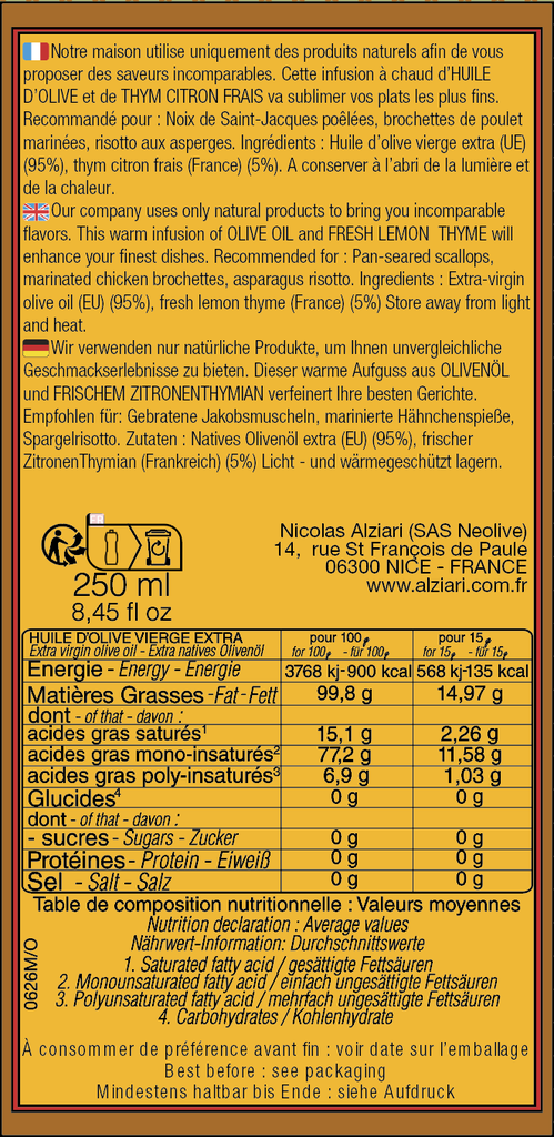 Huile d'olive infusée au THYM CITRON Frais 250 ML - Alziari