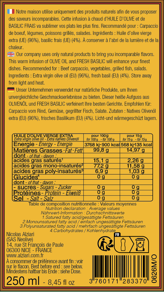 Huile d'olive BASILIC 250 ML - Alziari