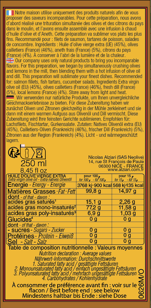 Huile au CITRON du Pays et ANETH 250 ML - Alziari