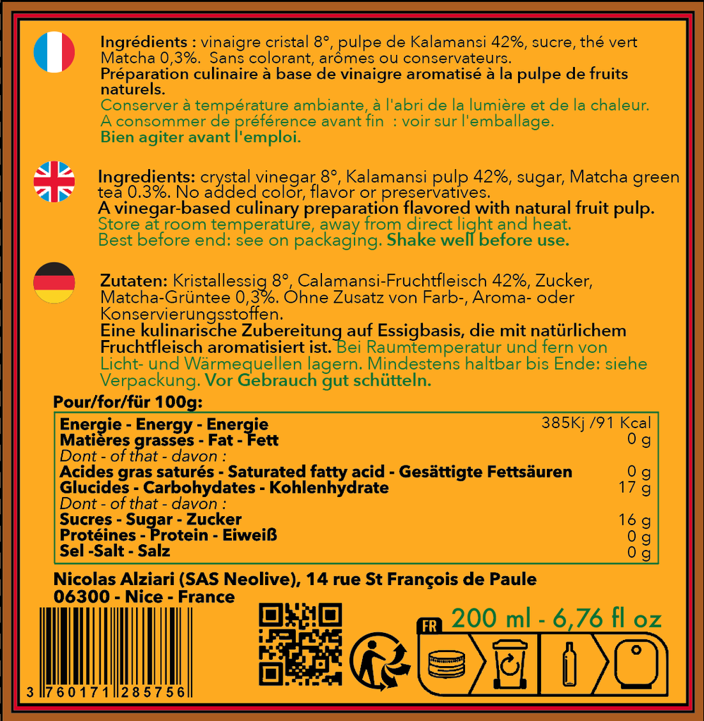 Vinaigre à la pulpe de Kalamansi et The vert matcha 200 ml - Alziari