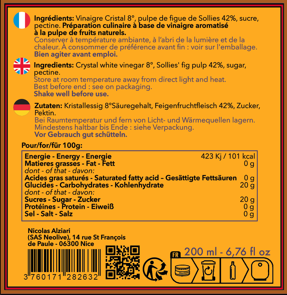 Vinaigre a la pulpe de Figue 200 ml - Alziari