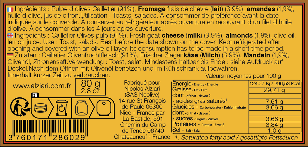 Olivade chevre et amandes 80g - Alziari