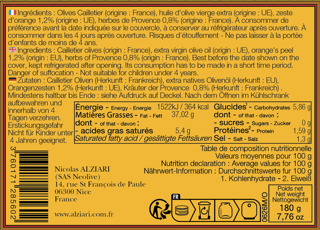 Bocal olives Cailletier: Zestes d’orange, herbes de Provence 180 g - Alziari