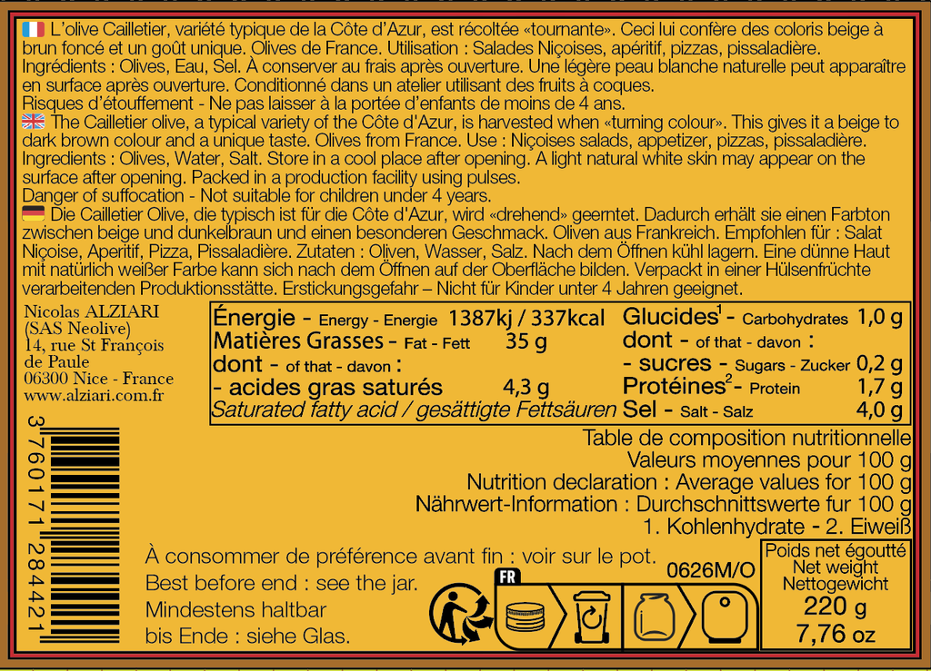 Olives de Nice AOP 220 g (pot) - Alziari