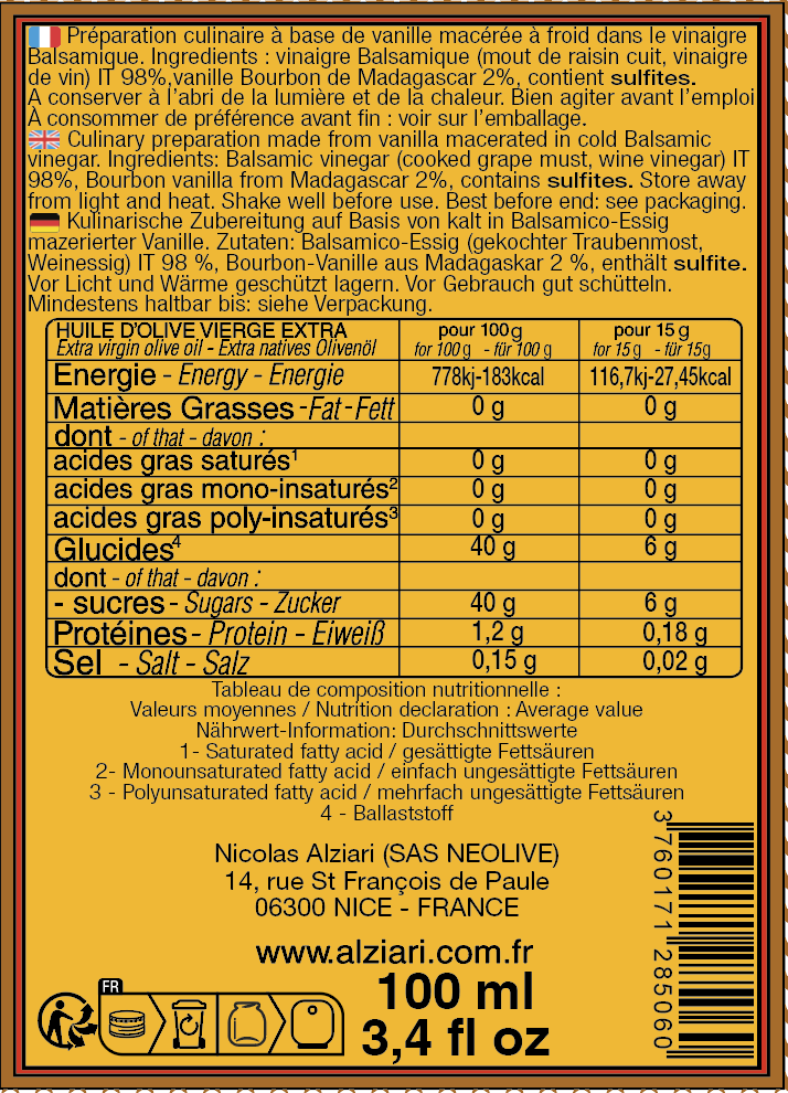 vinaigre balsamique à  la VANILLE 100 ml - Alziari