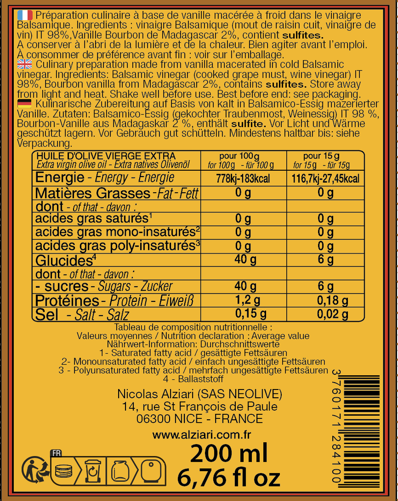 Vinaigre balsamique à  la Gousse de Vanille 200 ml - Alziari