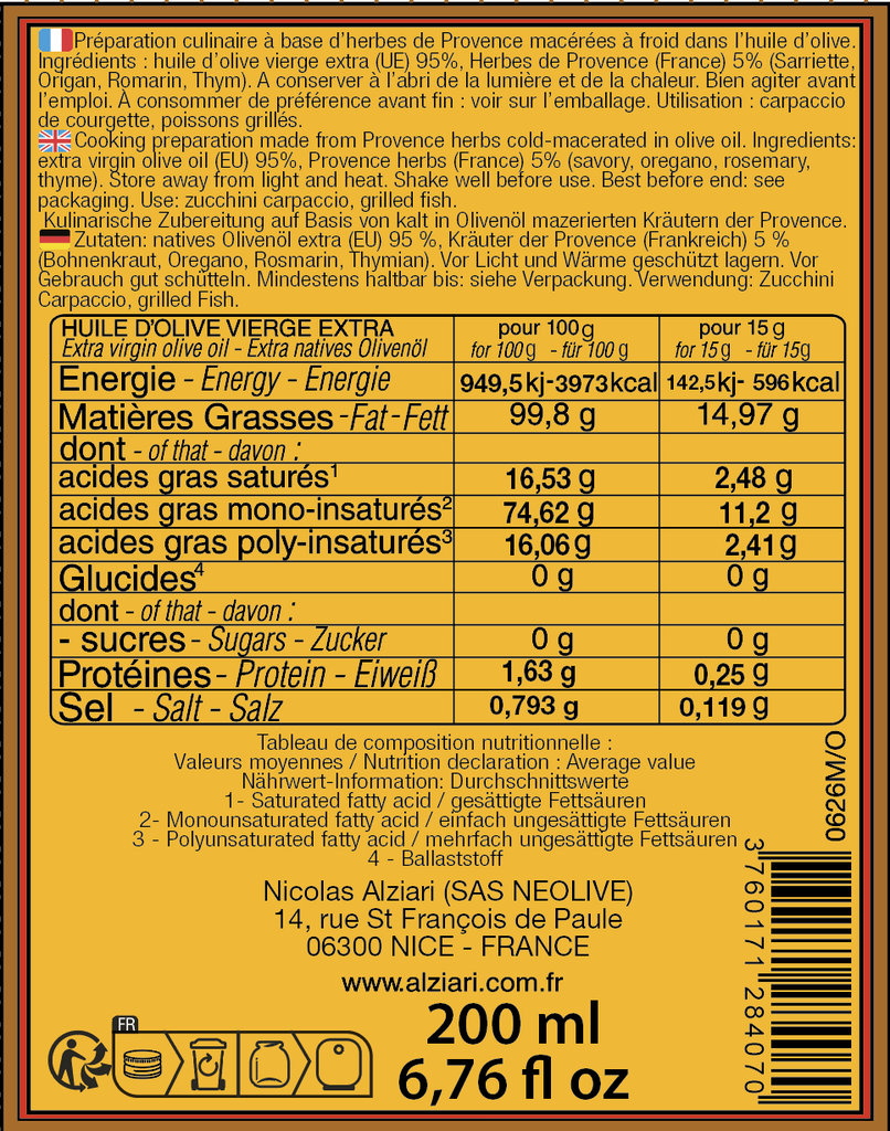 Préparation à  base d'Huile d'olive et Herbes de Provence 200 ml - Alziari