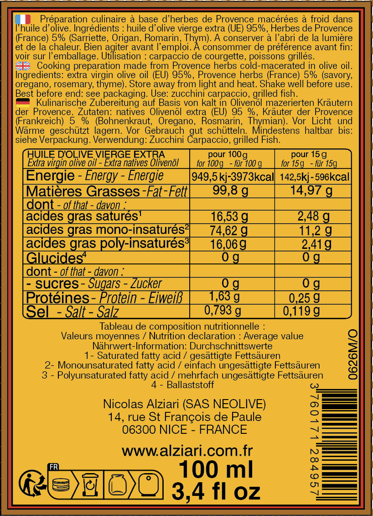 Huile d'olive macération Herbes de Provence 100 ml - Alziari