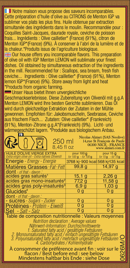 Huile au CITRON de Menton IGP BIO* 250 ML - Alziari