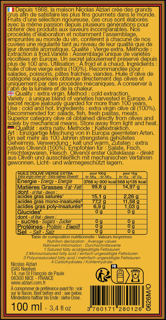 Huile d'olive cuvée PRESTIGE 100 ml flacon POMPE - Alziari