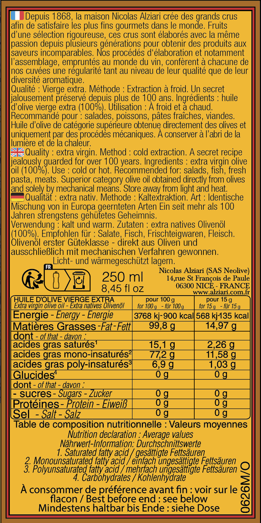 Bidon 250 ml huile d'olive cuvée PRESTIGE - collection BELLE EPOQUE - Alziari