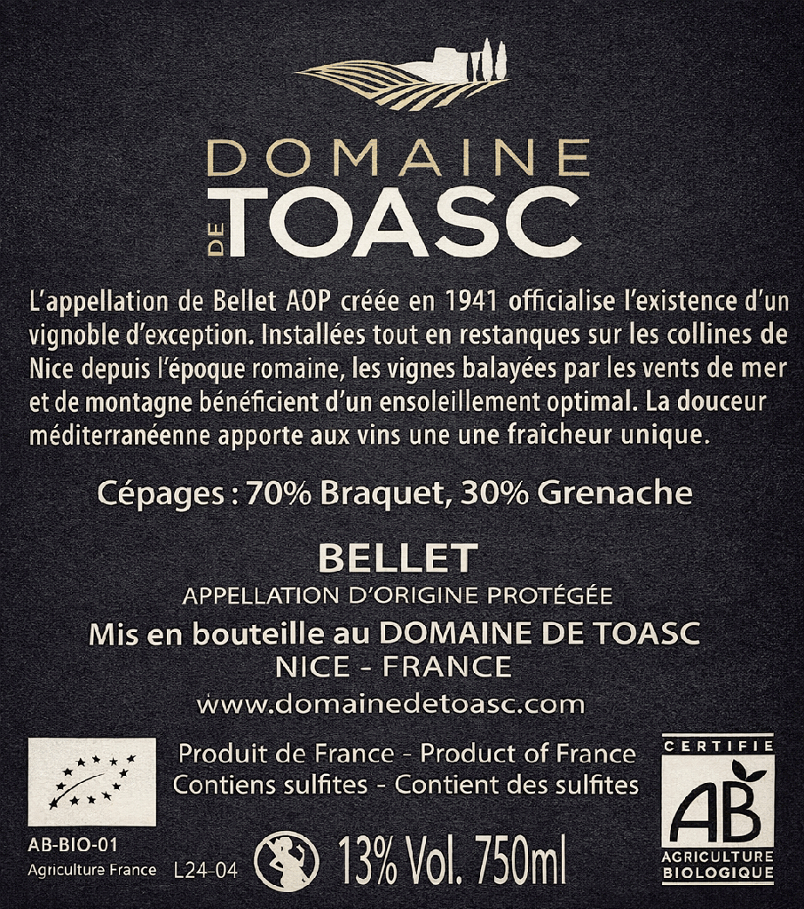 Vin Rosé AOP Bellet - Nice 75cl Bio* - TOASC