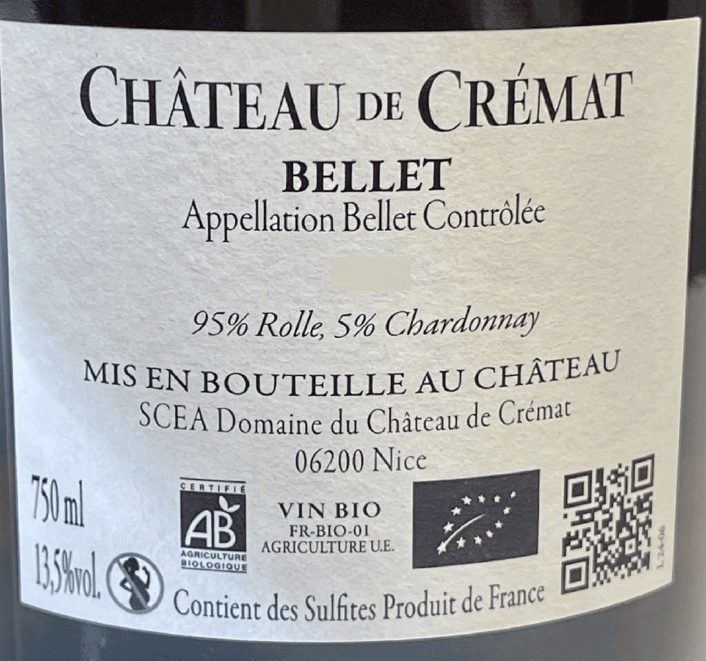 Vin Blanc AOP Bellet-Nice 75 cl Bio* - Crémat