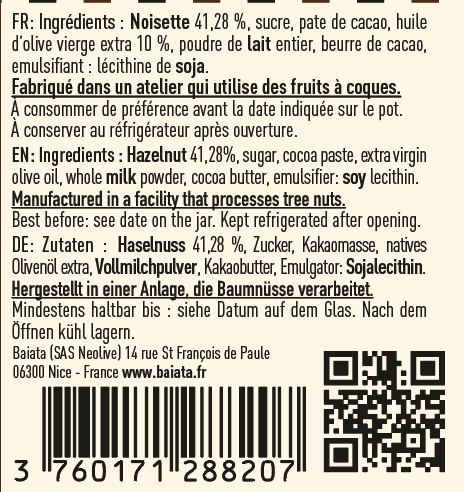Pâte à tartiner : "Noire" 210 g - Baiata