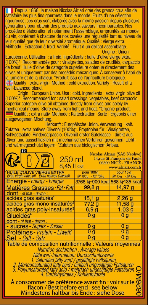 Bidon 250 ml huile d'olive cuvée Pauline Bio* - Alziari