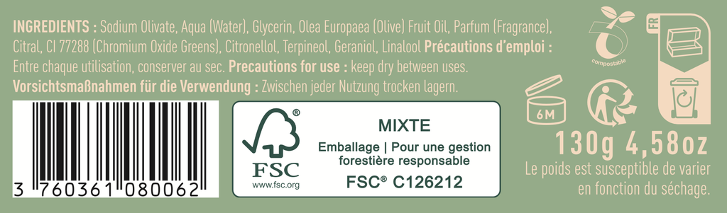 Savon solide à l’huile d’olive parfum VERVEINE 130 gr-  Millea