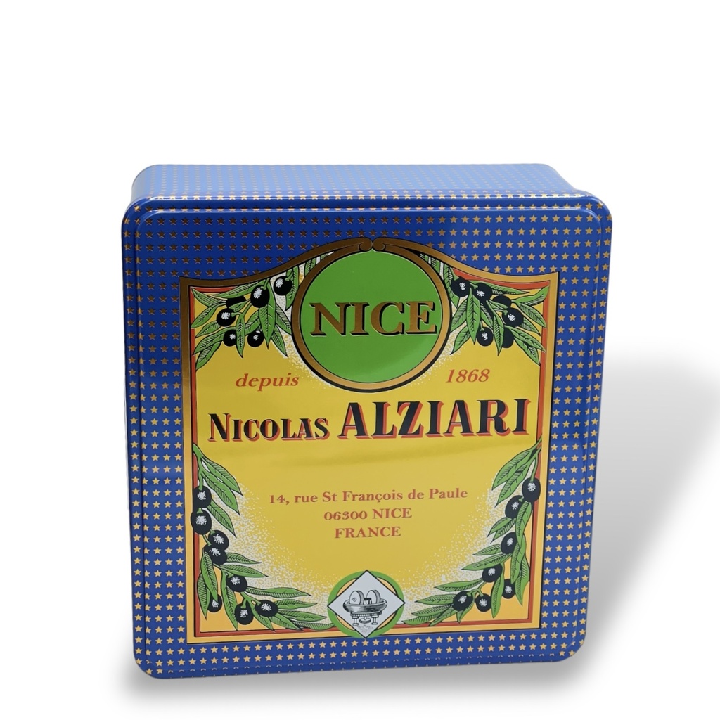 Metal cake box with "alziari" print (24 x 22 x 9 cm)