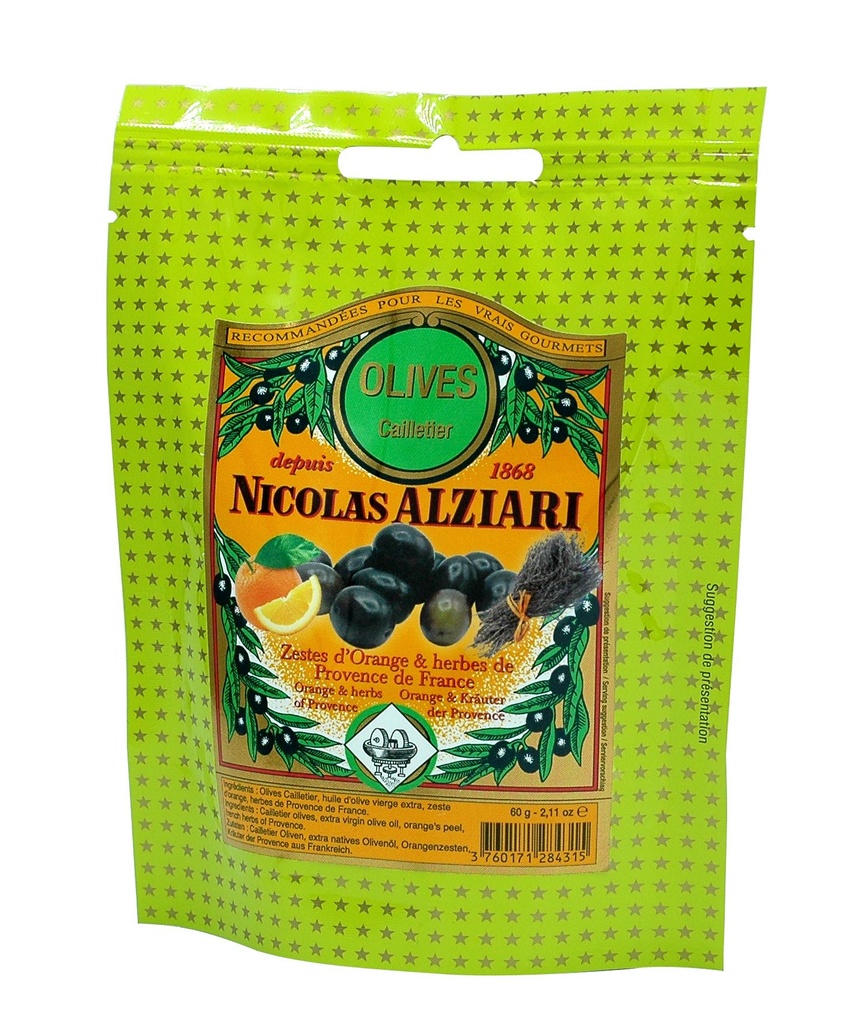60g sachet Cailletier olives with olive oil, orange peel, herbs of Provence - Alziari
