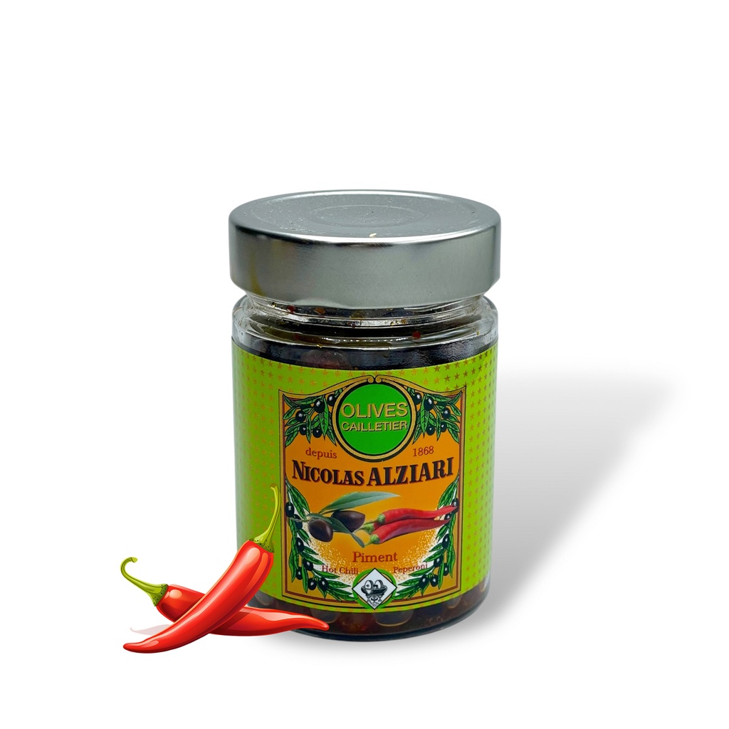 Bocal olives CAILLETIER aux 2 piments 180 g - Alziari