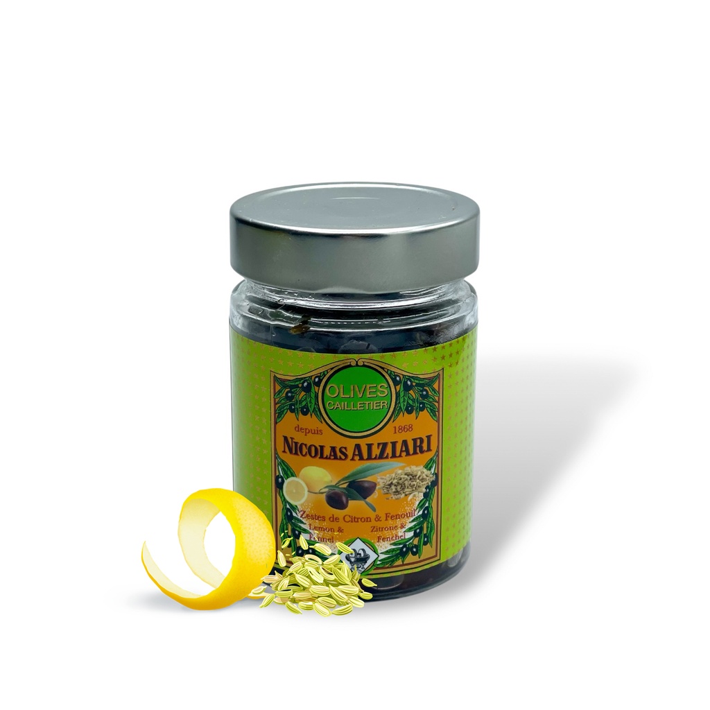 180g jar Cailletier olives with lemon and fennel - Alziari