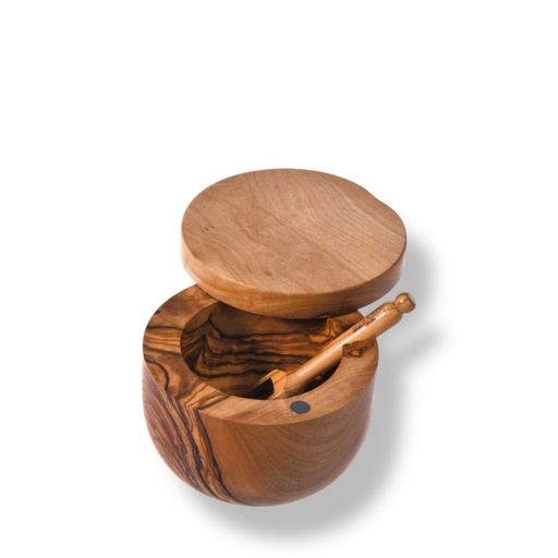 [131] Boite à sel en bois d'olivier + pelle diam 10-11 cm